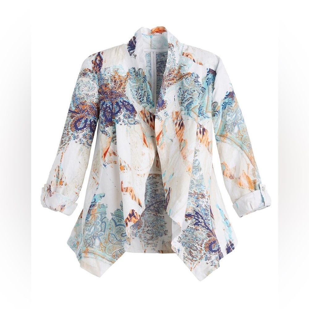 Francesca Paisley Print Open Front 100 % Linen Jacket Size L
